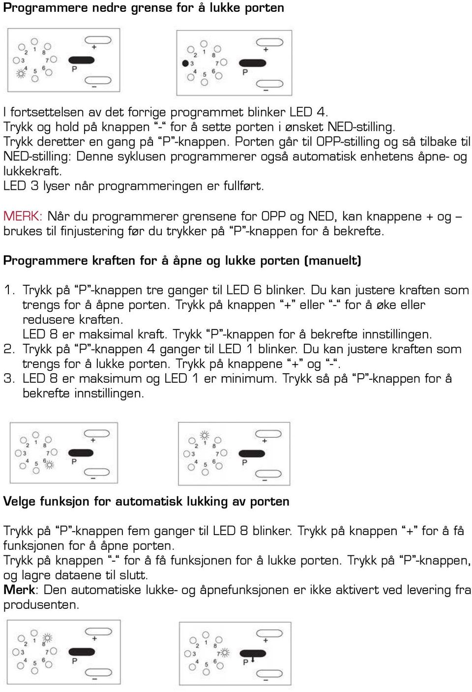 LED 3 lyser når programmeringen er fullført. MERK: Når du programmerer grensene for OPP og NED, kan knappene + og brukes til finjustering før du trykker på P -knappen for å bekrefte.