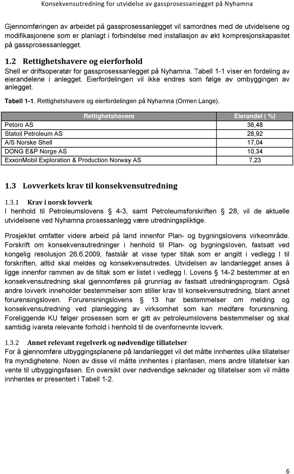 Eierfordelingen vil ikke endres som følge avv ombyggingen av anlegget. Tabell 1-1. Rettighetshavere og eierfordelingen på Nyhamna (Ormen Lange).