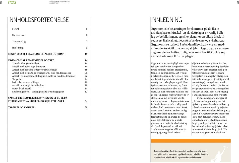 eller armer 22 Tunge løft 24 Løft i ubekvemme stillinger 26 Arbeid sittende på huk eller kne 28 Hardt fysisk arbeid 30 Ensformig arbeid stadig gjentatte arbeidsoppgaver 32 Samlet ergonomisk