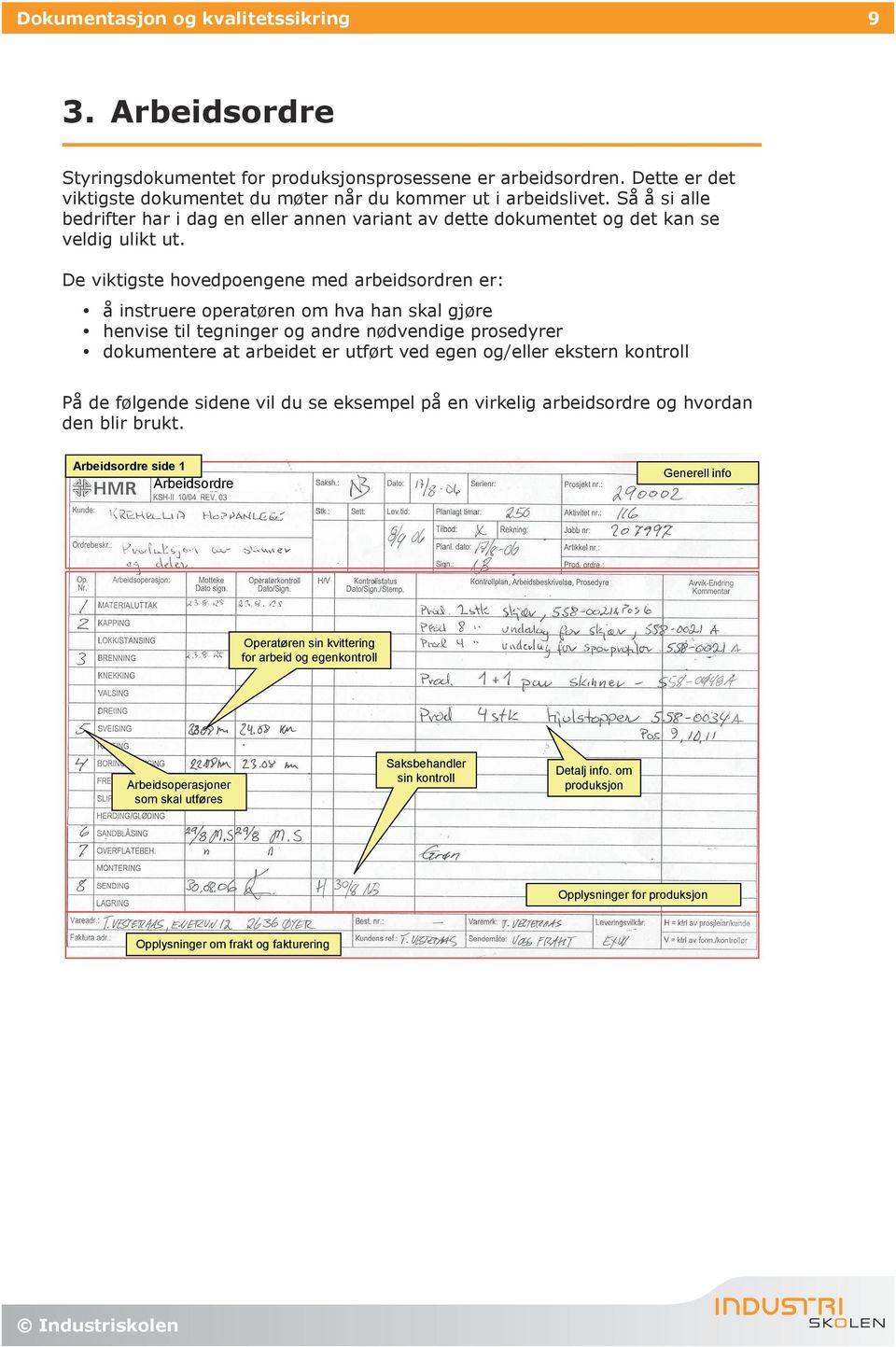 De viktigste hovedpoengene med arbeidsordren er: å instruere operatøren om hva han skal gjøre henvise til tegninger og andre nødvendige prosedyrer dokumentere at arbeidet er utført ved egen og/eller