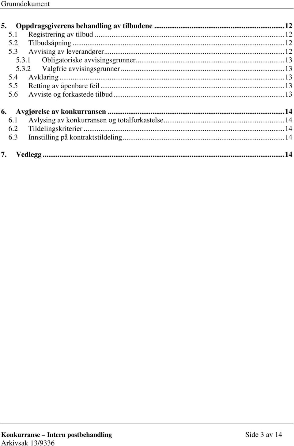 .. 13 5.6 Avviste og forkastede tilbud... 13 6. Avgjørelse av konkurransen... 14 6.1 Avlysing av konkurransen og totalforkastelse... 14 6.2 Tildelingskriterier.