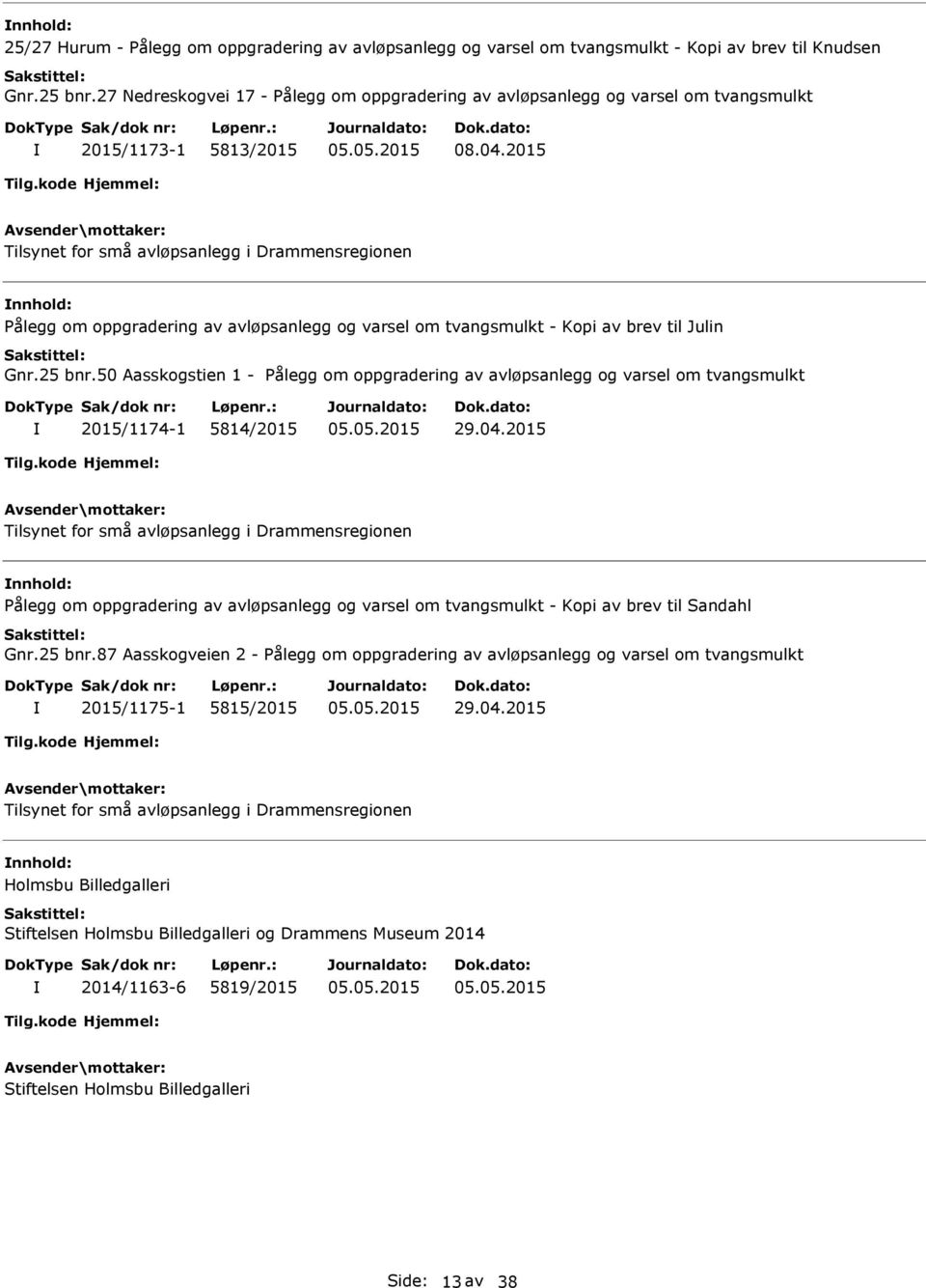 2015 Tilsynet for små avløpsanlegg i Drammensregionen nnhold: Pålegg om oppgradering av avløpsanlegg og varsel om tvangsmulkt - Kopi av brev til Julin Gnr.25 bnr.