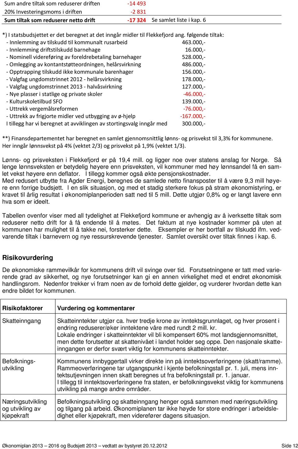 000,- - Nominell videreføring av foreldrebetaling barnehager 528.000,- - Omlegging av kontantstøtteordningen, helårsvirkning 486.000,- - Opptrapping tilskudd ikke kommunale barenhager 156.