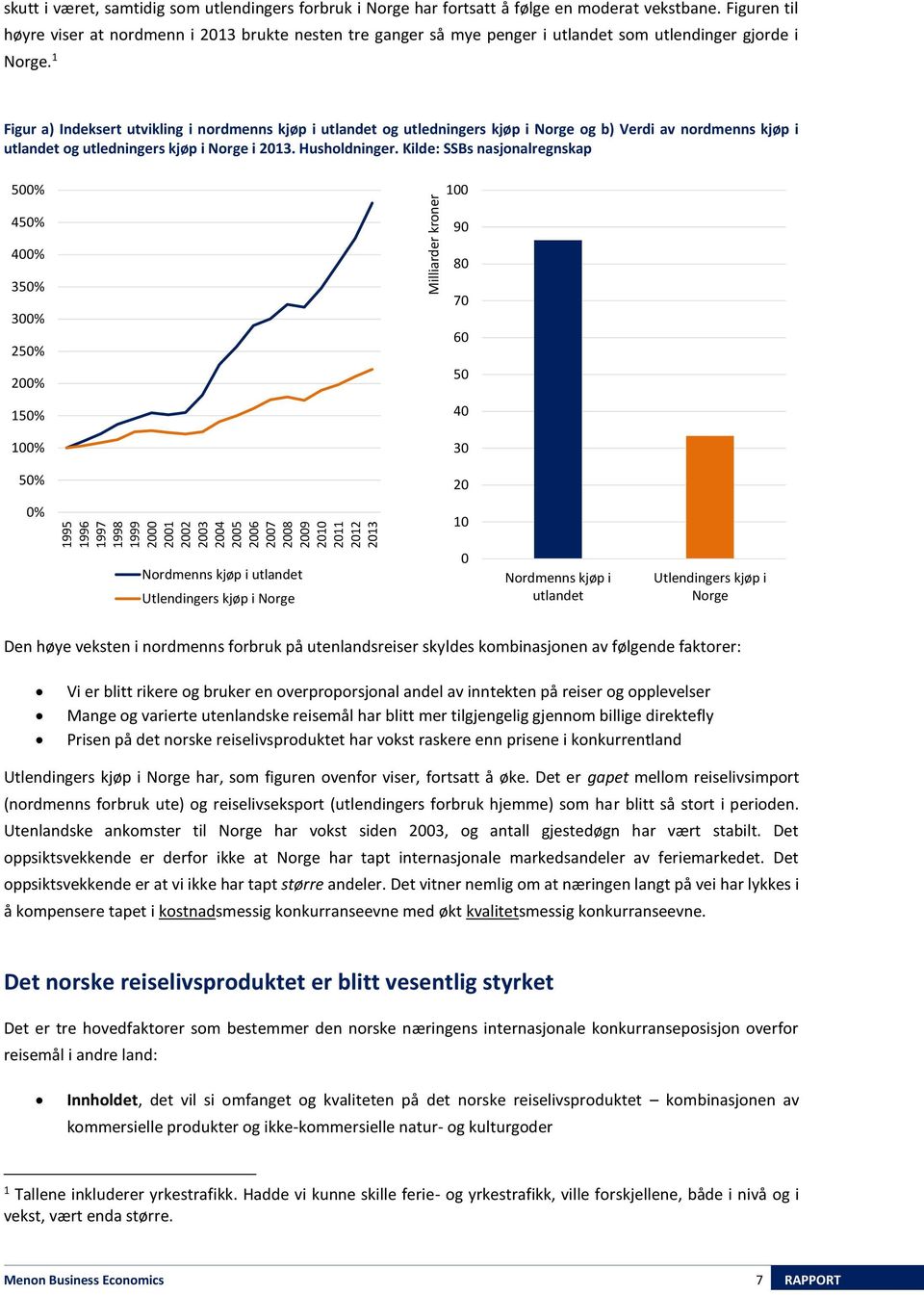 1 Figur a) Indeksert utvikling i nordmenns kjøp i utlandet og utledningers kjøp i Norge og b) Verdi av nordmenns kjøp i utlandet og utledningers kjøp i Norge i 2013. Husholdninger.