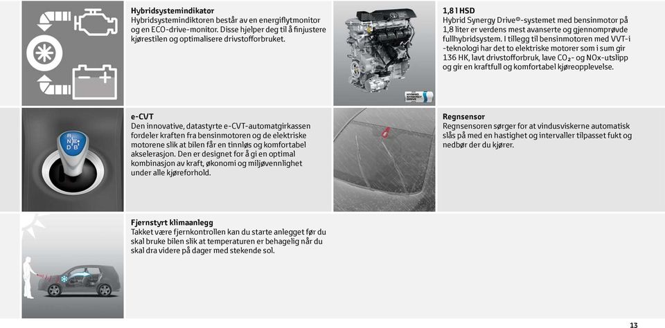 I tillegg til bensinmotoren med VVT-i -teknologi har det to elektriske motorer som i sum gir 136 HK, lavt drivstofforbruk, lave CO - og NOx-utslipp og gir en kraftfull og komfortabel kjøreopplevelse.