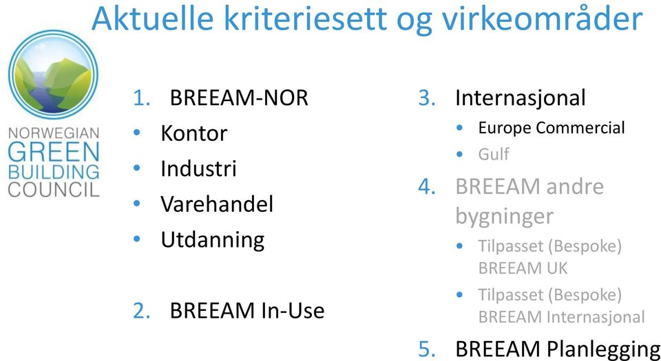 BREEAM In-Use 3. Internasjonal Europe Commercial Gulf 4.