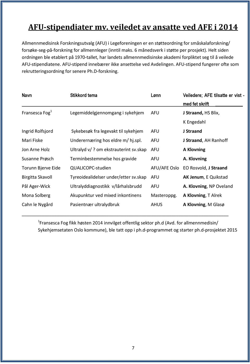 6 månedsverk i støtte per prosjekt). Helt siden ordningen ble etablert på 1970-tallet, har landets allmennmedisinske akademi forpliktet seg til å veilede AFU-stipendiatene.