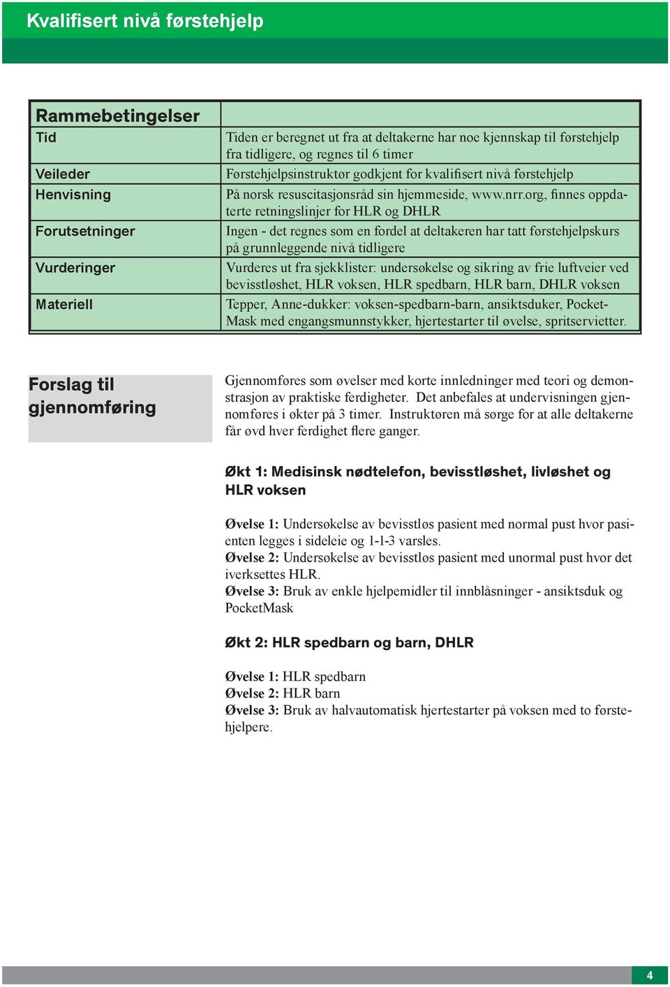 org, finnes oppdaterte retningslinjer for HLR og DHLR Ingen - det regnes som en fordel at deltakeren har tatt førstehjelpskurs på grunnleggende nivå tidligere Vurderes ut fra sjekklister: