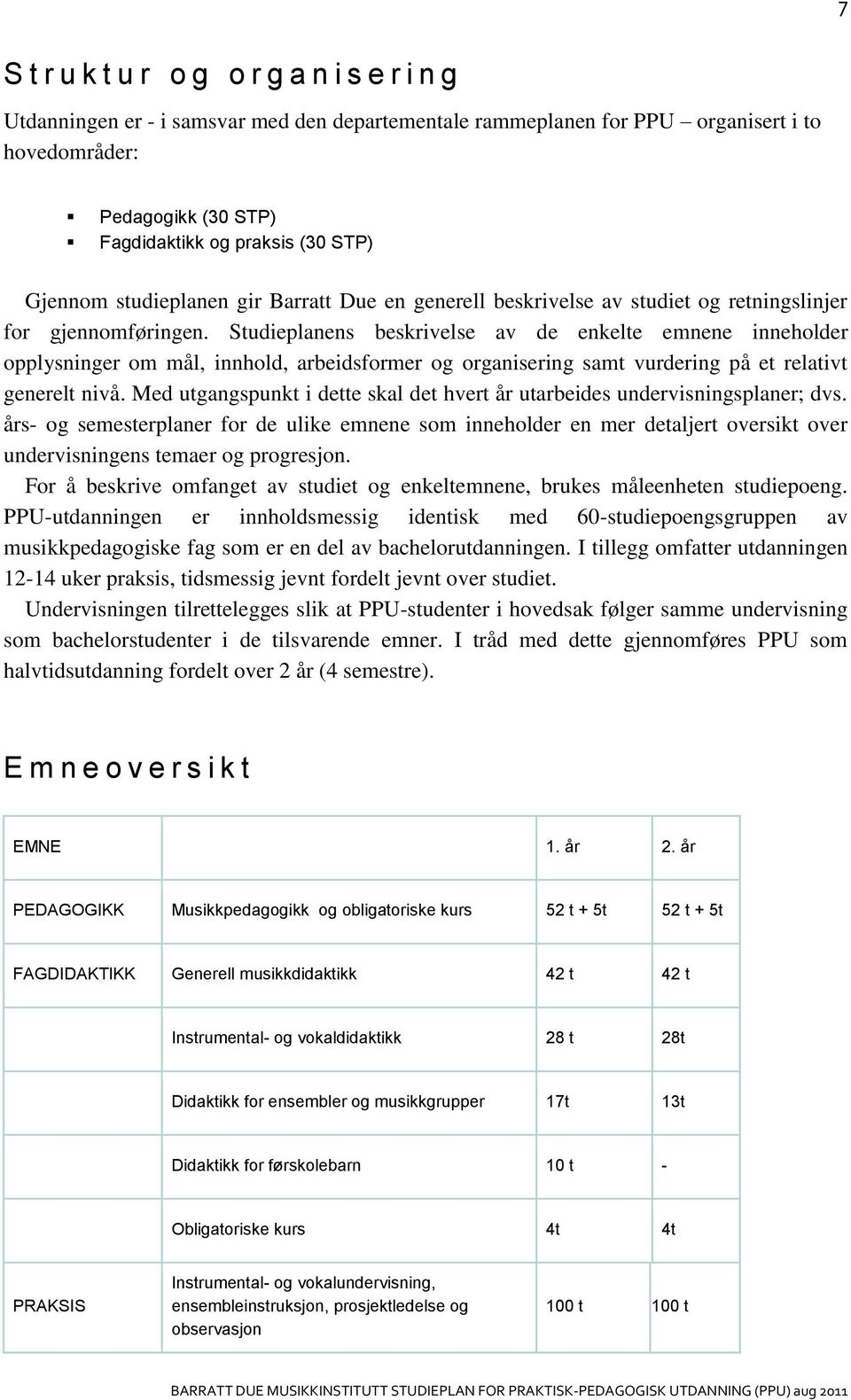 Studieplanens beskrivelse av de enkelte emnene inneholder opplysninger om mål, innhold, arbeidsformer og organisering samt vurdering på et relativt generelt nivå.