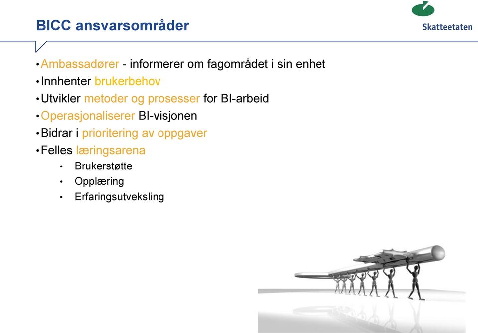 BI-arbeid Operasjonaliserer BI-visjonen Bidrar i prioritering av