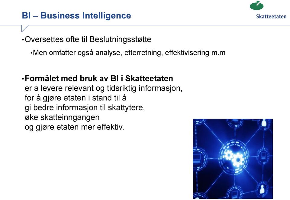 m Formålet med bruk av BI i Skatteetaten er å levere relevant og tidsriktig