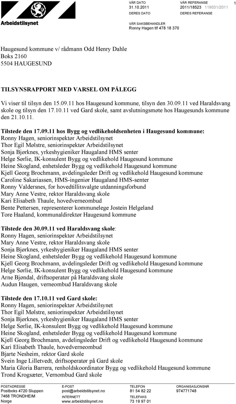 viser til tilsyn den 15.09.11 hos Haugesund kommune, tilsyn den 30.09.11 ved Haraldsvang skole og tilsyn den 17.10.11 ved Gard skole, samt avslutningsmøte hos Haugesunds kommune den 21.10.11. Tilstede den 17.