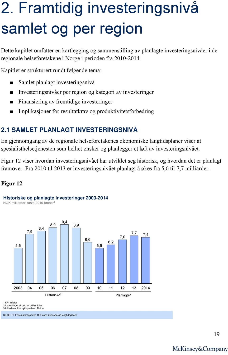 Kapitlet er strukturert rundt følgende tema: Samlet planlagt investeringsnivå Investeringsnivåer per region og kategori av investeringer Finansiering av fremtidige investeringer Implikasjoner for