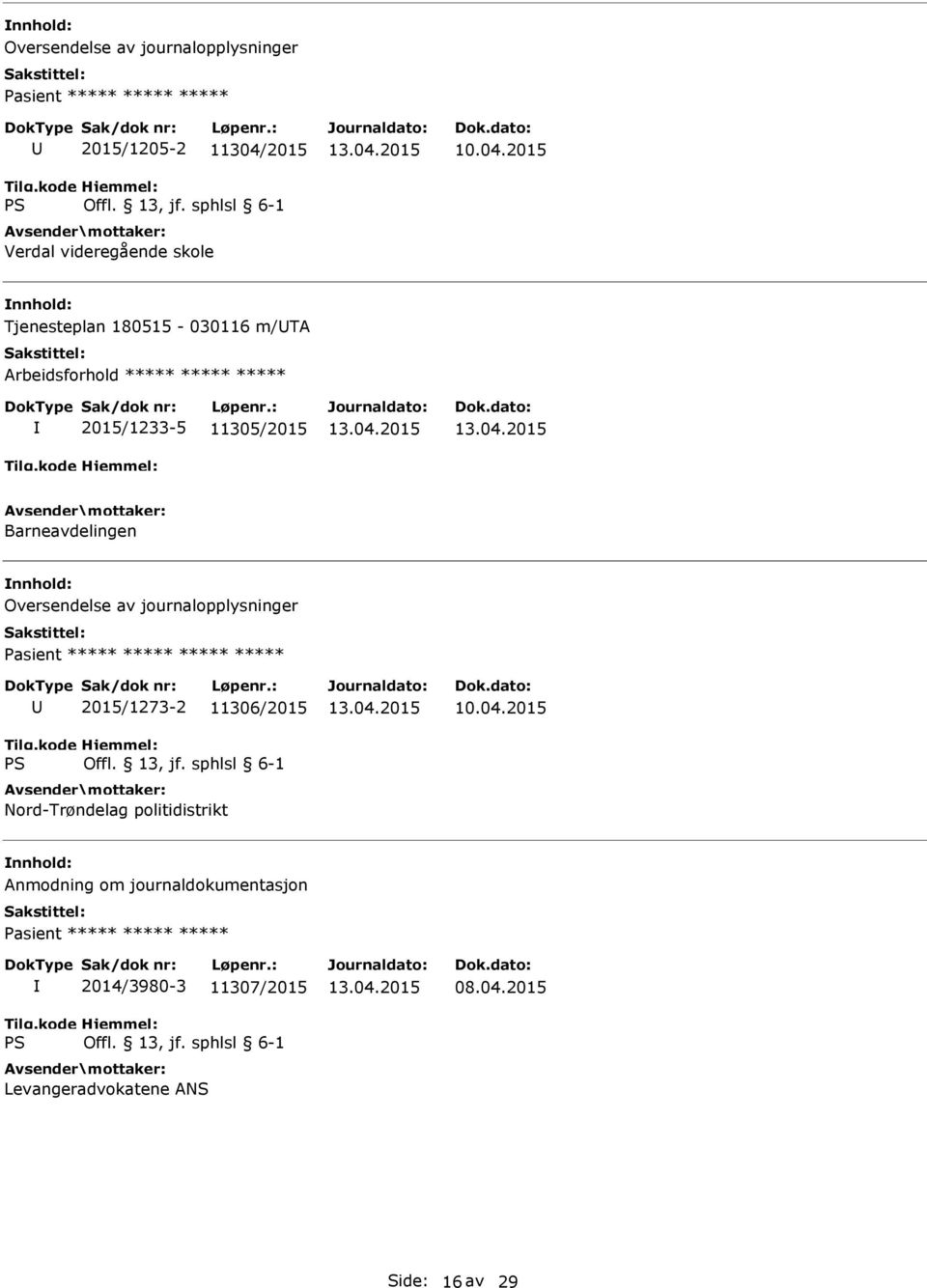 Oversendelse av journalopplysninger ***** 2015/1273-2 11306/2015 Nord-Trøndelag politidistrikt