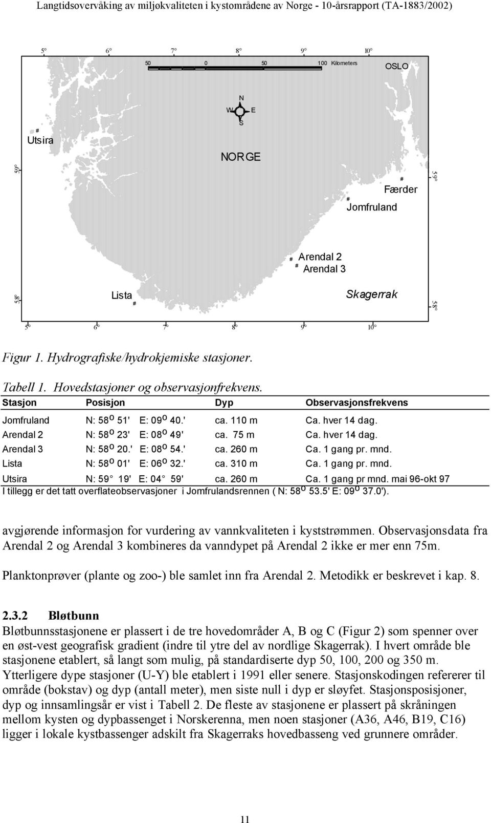 Stasjon Posisjon Dyp Observasjonsfrekvens Jomfruland N: 58 o 51' E: 9 o 4.' ca. 11 m Ca. hver 14 dag. Arendal 2 N: 58 o 23' E: 8 o 49' ca. 75 m Ca. hver 14 dag. Arendal 3 N: 58 o 2.' E: 8 o 54.' ca. 26 m Ca.