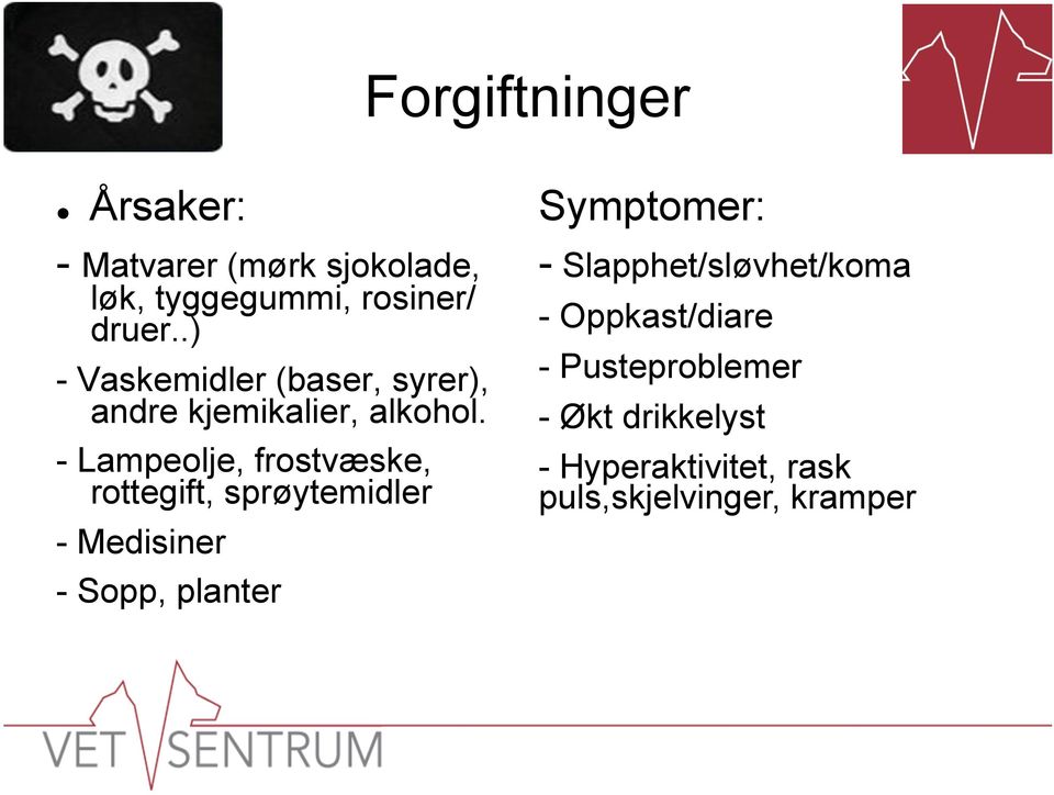 - Lampeolje, frostvæske, rottegift, sprøytemidler - Medisiner - Sopp, planter Symptomer: