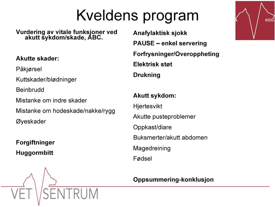 hodeskade/nakke/rygg Øyeskader Forgiftninger Huggormbitt Anafylaktisk sjokk PAUSE enkel servering