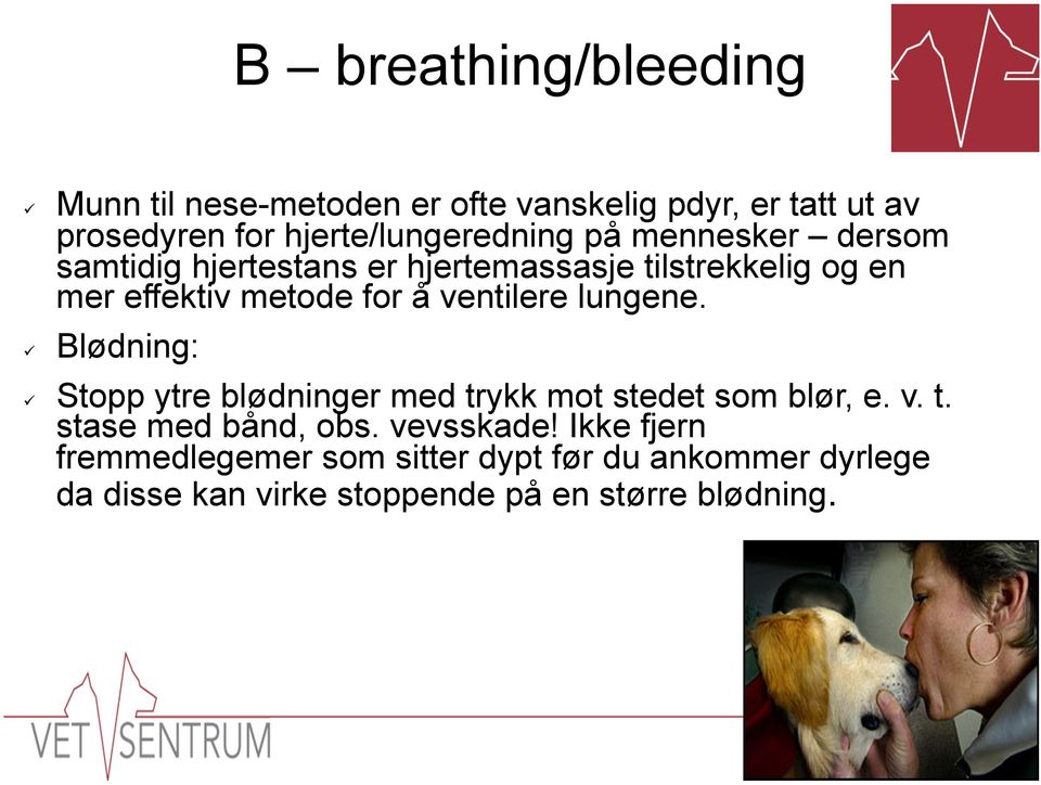 lungene. Blødning: Stopp ytre blødninger med trykk mot stedet som blør, e. v. t. stase med bånd, obs. vevsskade!