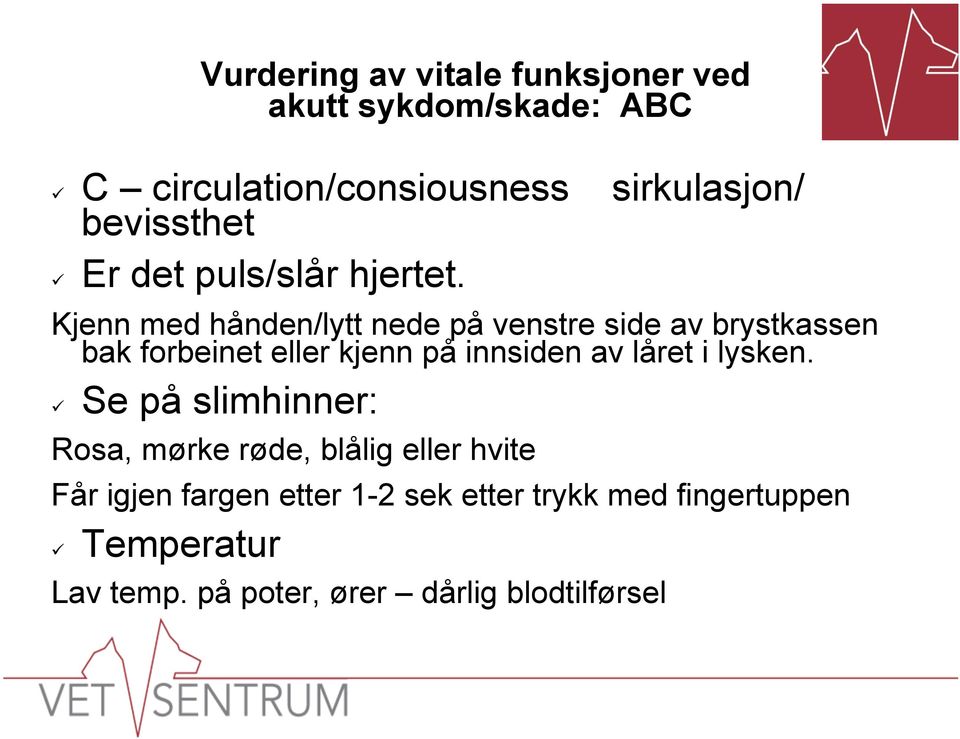 Kjenn med hånden/lytt nede på venstre side av brystkassen bak forbeinet eller kjenn på innsiden av låret