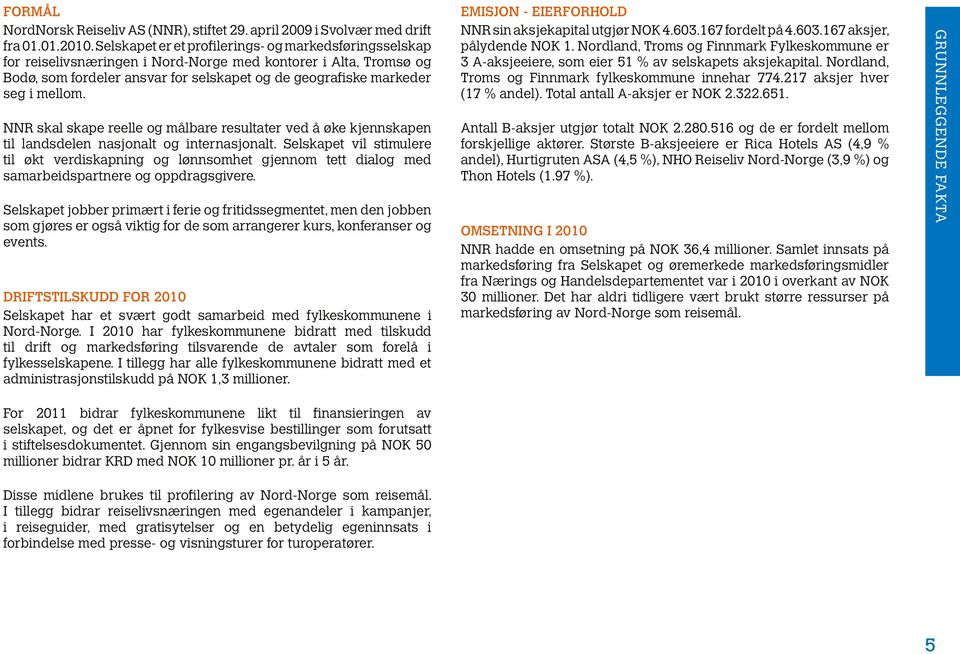 Total antall A-aksjer er NOK..651. NNR skal skape reelle og målbare resultater ved å øke kjennskapen til landsdelen nasjonalt og internasjonalt.