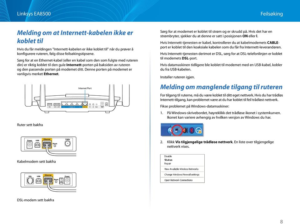 Port Sørg for at en Ethernet-kabel (eller en kabel som den som fulgte med ruteren din) er riktig koblet til den gule Internett-porten på baksiden av ruteren og den passende porten på modemet Internet