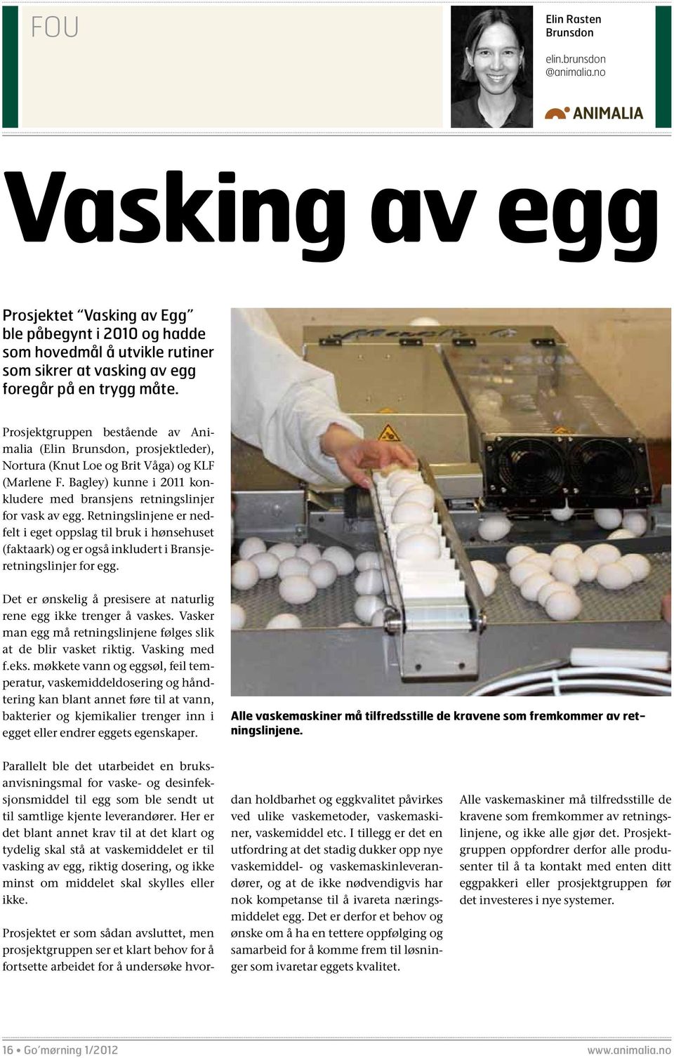 Prosjektgruppen bestående av Animalia (Elin Brunsdon, prosjektleder), Nortura (Knut Loe og Brit Våga) og KLF (Marlene F. Bagley) kunne i 2011 konkludere med bransjens retningslinjer for vask av egg.