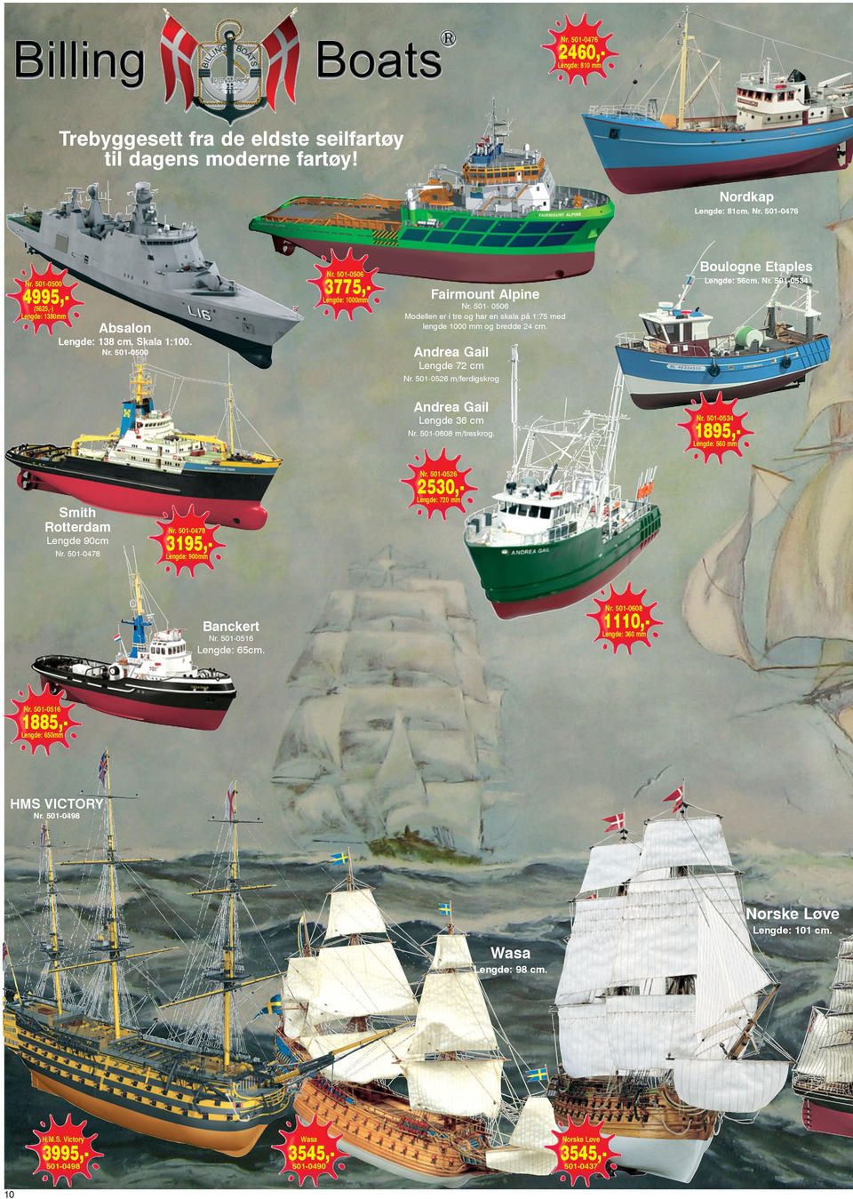 501-0506 Modellen er i tre og har en skala på 1:75 med lengde 1000 mm og bredde 24 cm. Andrea Gail Nr. 501-0500 Lengde 72 cm Nr. 501-0526 m/ferdigskrog Andrea Gail Nr. 501-0534 Lengde 36 cm 1895,- Nr.