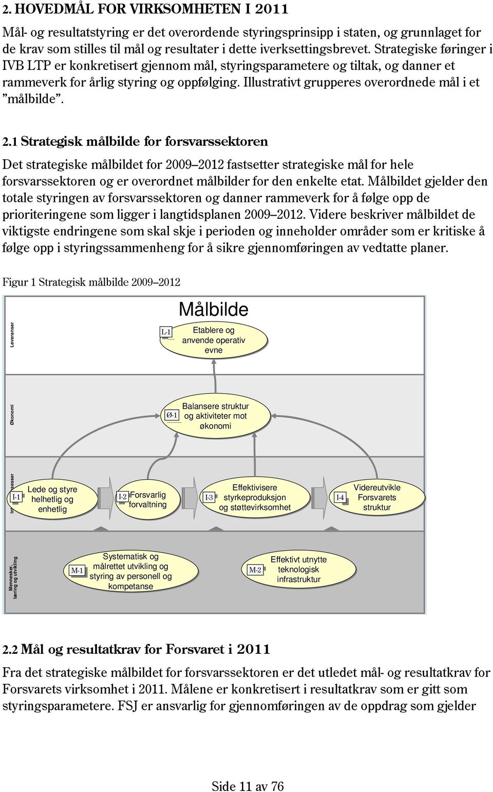 2.1 Strategisk målbilde for forsvarssektoren Det strategiske målbildet for 2009 2012 fastsetter strategiske mål for hele forsvarssektoren og er overordnet målbilder for den enkelte etat.