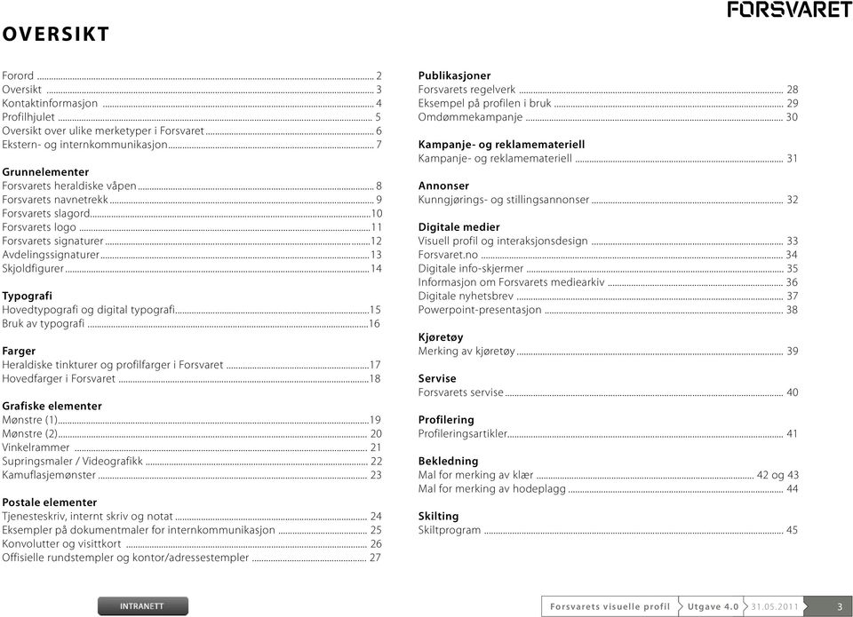 ..14 Typografi Hovedtypografi og digital typografi...15 Bruk av typografi...16 Farger Heraldiske tinkturer og profilfarger i Forsvaret...17 Hovedfarger i Forsvaret...18 Grafiske elementer Mønstre (1).