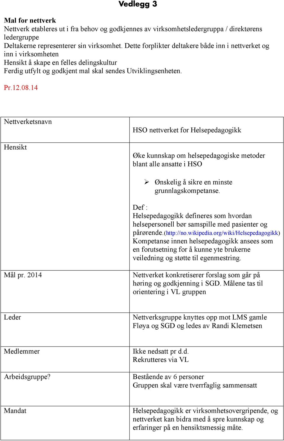 14 Nettverketsnavn Hensikt HSO nettverket for Helsepedagogikk Øke kunnskap om helsepedagogiske metoder blant alle ansatte i HSO! Ønskelig å sikre en minste grunnlagskompetanse.