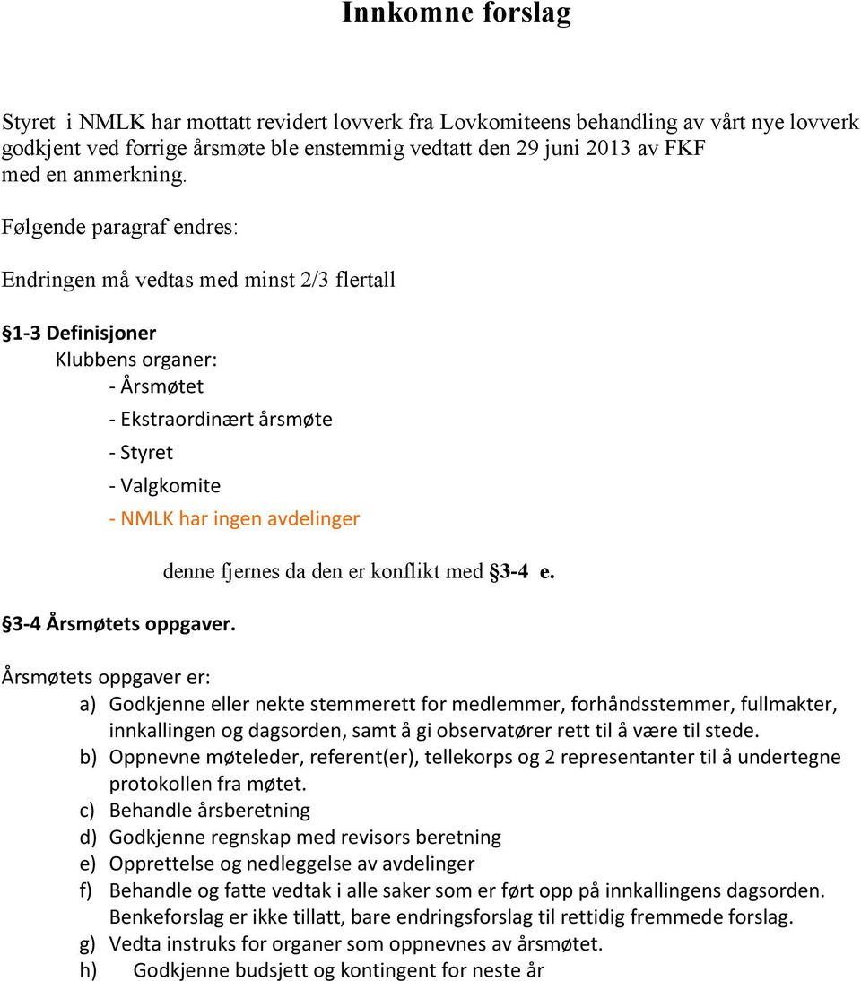 Følgende paragraf endres: Endringen må vedtas med minst 2/3 flertall 1-3 Definisjoner Klubbens organer: - Årsmøtet - Ekstraordinært årsmøte - Styret - Valgkomite - NMLK har ingen avdelinger 3-4