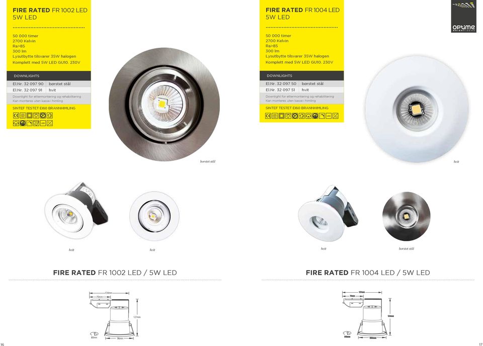 32 097 90 El.Nr. 32 097 91 børstet stål hvit Downlight for ettermontering og rehabilitering Kan monteres uten kasse i himling SINTEF TESTET EI60 BRANNHIMLING DOWNLIGHTS El.Nr. 32 097 50 El.