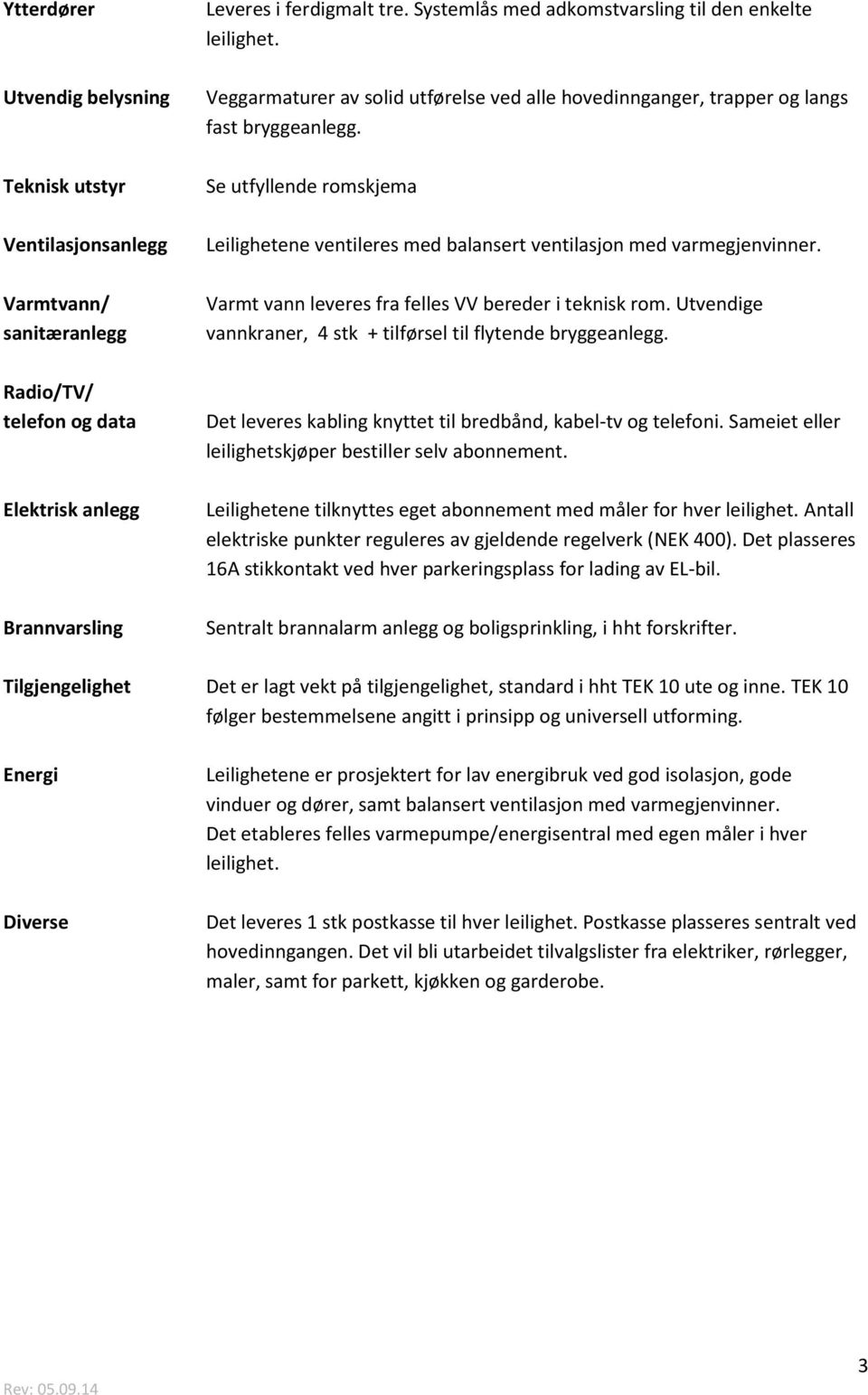 Teknisk utstyr Se utfyllende romskjema ilasjonsanlegg ene ventileres med balansert ventilasjon med varmegjenvinner. Varmtvann/ sanitæranlegg Varmt vann leveres fra felles VV bereder i teknisk rom.