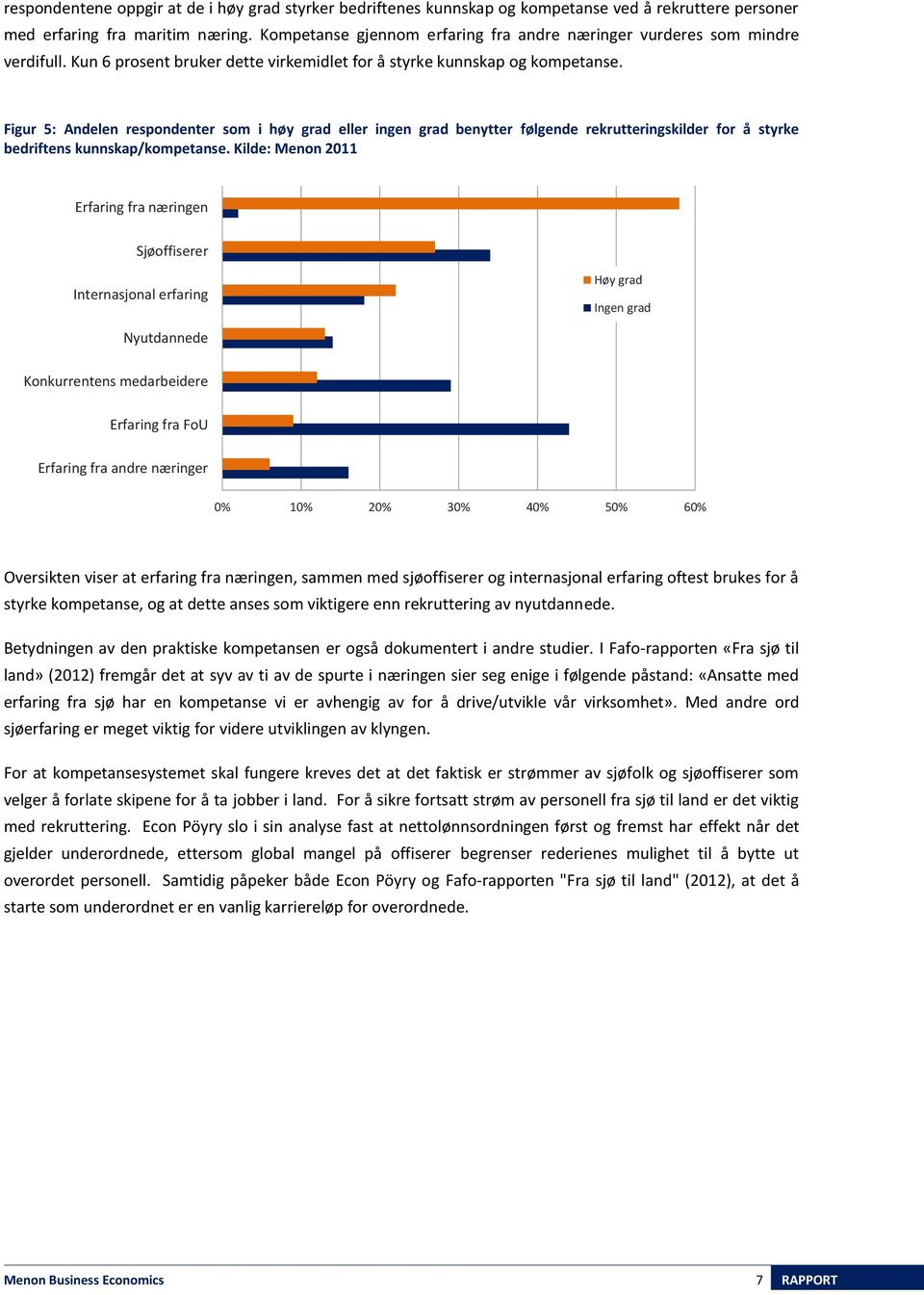 Figur 5: Andelen Andel respondenter av respondenter som i høy som grad i høy eller grad eller ingen ingen grad grad benytter benytter følgende følgende rekrutteringskilder for å styrke bedriftens