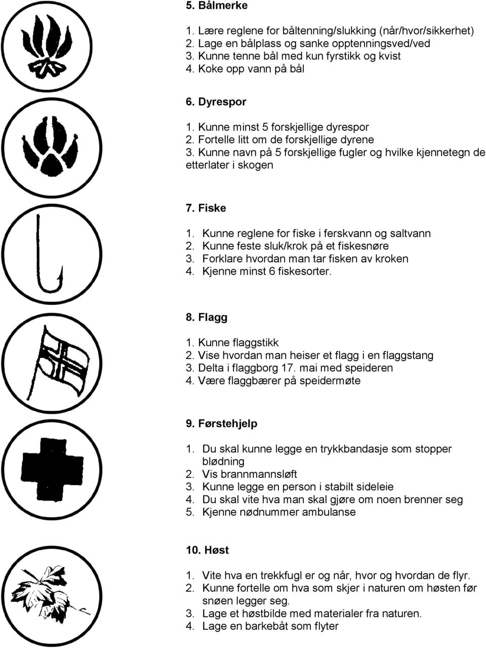 Kunne reglene for fiske i ferskvann og saltvann 2. Kunne feste sluk/krok på et fiskesnøre 3. Forklare hvordan man tar fisken av kroken 4. Kjenne minst 6 fiskesorter. 8. Flagg 1. Kunne flaggstikk 2.