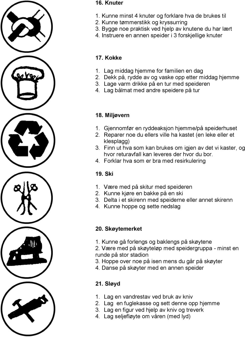 Lage varm drikke på en tur med speideren 4. Lag bålmat med andre speidere på tur 18. Miljøvern 1. Gjennomfør en ryddeaksjon hjemme/på speiderhuset 2.