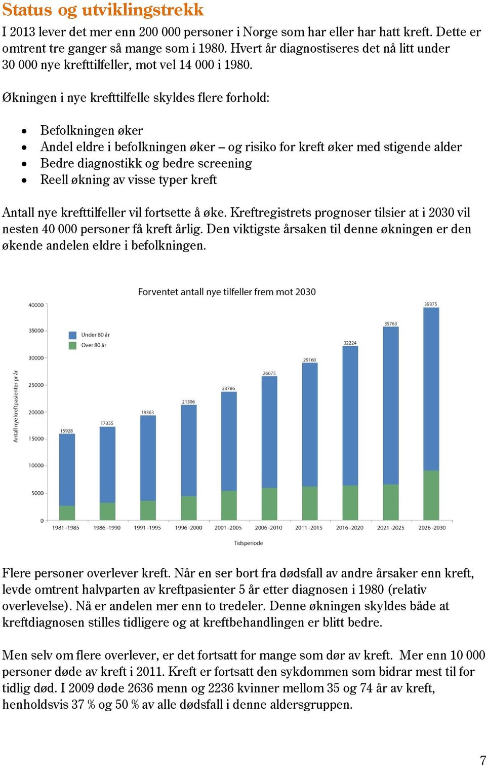 Økningen i nye krefttilfelle skyldes flere forhold: Befolkningen øker Andel eldre i befolkningen øker og risiko for kreft øker med stigende alder Bedre diagnostikk og bedre screening Reell økning av