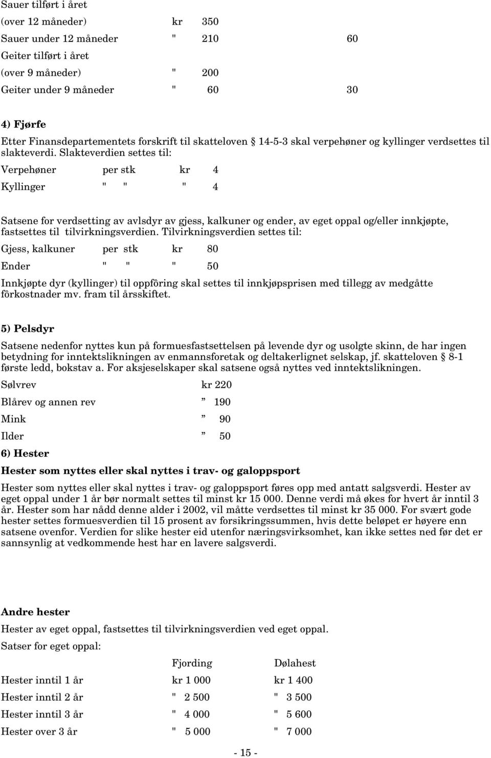 Slakteverdien settes til: Verpehøner per stk kr 4 Kyllinger " " " 4 Satsene for verdsetting av avlsdyr av gjess, kalkuner og ender, av eget oppal og/eller innkjøpte, fastsettes til