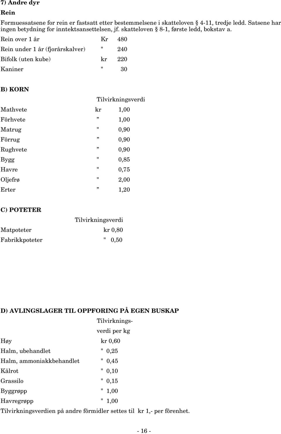 Rein over 1 år Kr 480 Rein under 1 år (fjorårskalver) " 240 Bifolk (uten kube) kr 220 Kaniner " 30 B) KORN Tilvirkningsverdi Mathvete kr 1,00 Fôrhvete 1,00 Matrug " 0,90 Fôrrug 0,90 Rughvete 0,90