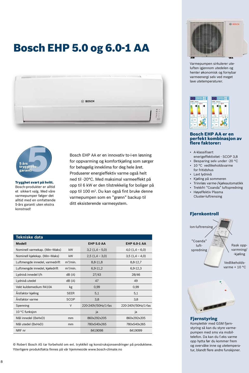 ENERGIJA ENERGY ENERGIE ENERGI 626/2011 Bosch EHP 5.0 og 6.0-1 AA Varmepumpen sirkulerer uteluften igjennom utedelen og henter økonomisk og fornybar varmeenergi selv ved meget lave utetemperaturer.