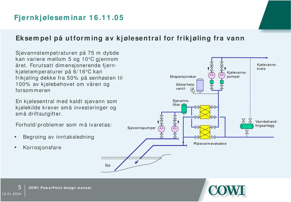 Ekspansjonskar Sikkerhetsventil Kjølevannspumper Kjølevannskrets En kjølesentral med kaldt sjøvann som kjølekilde krever små investeringer og små