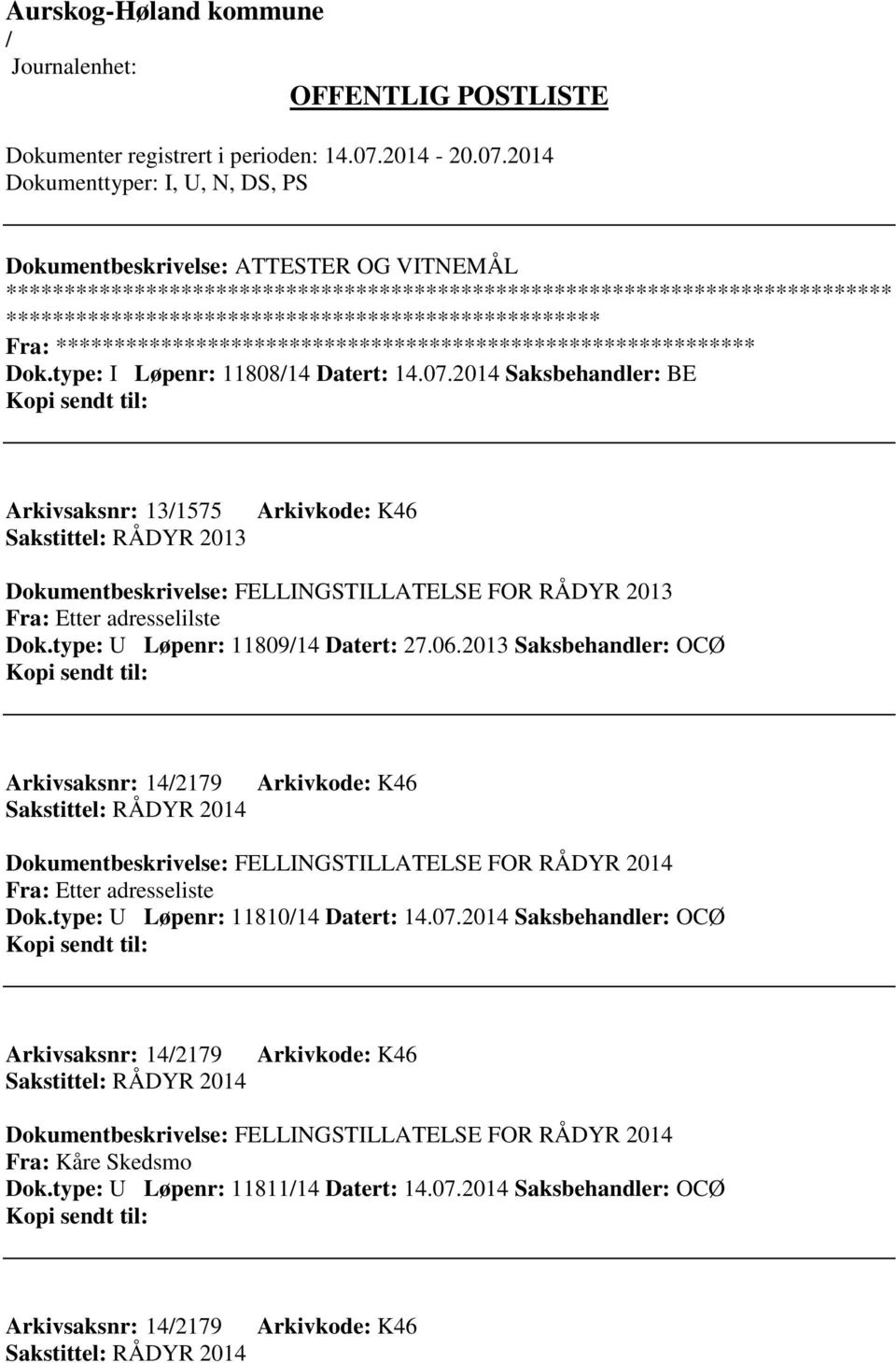 06.2013 Saksbehandler: OCØ Arkivsaksnr: 142179 Sakstittel: RÅDYR 2014 Arkivkode: K46 Dokumentbeskrivelse: FELLINGSTILLATELSE FOR RÅDYR 2014 Fra: Etter adresseliste Dok.