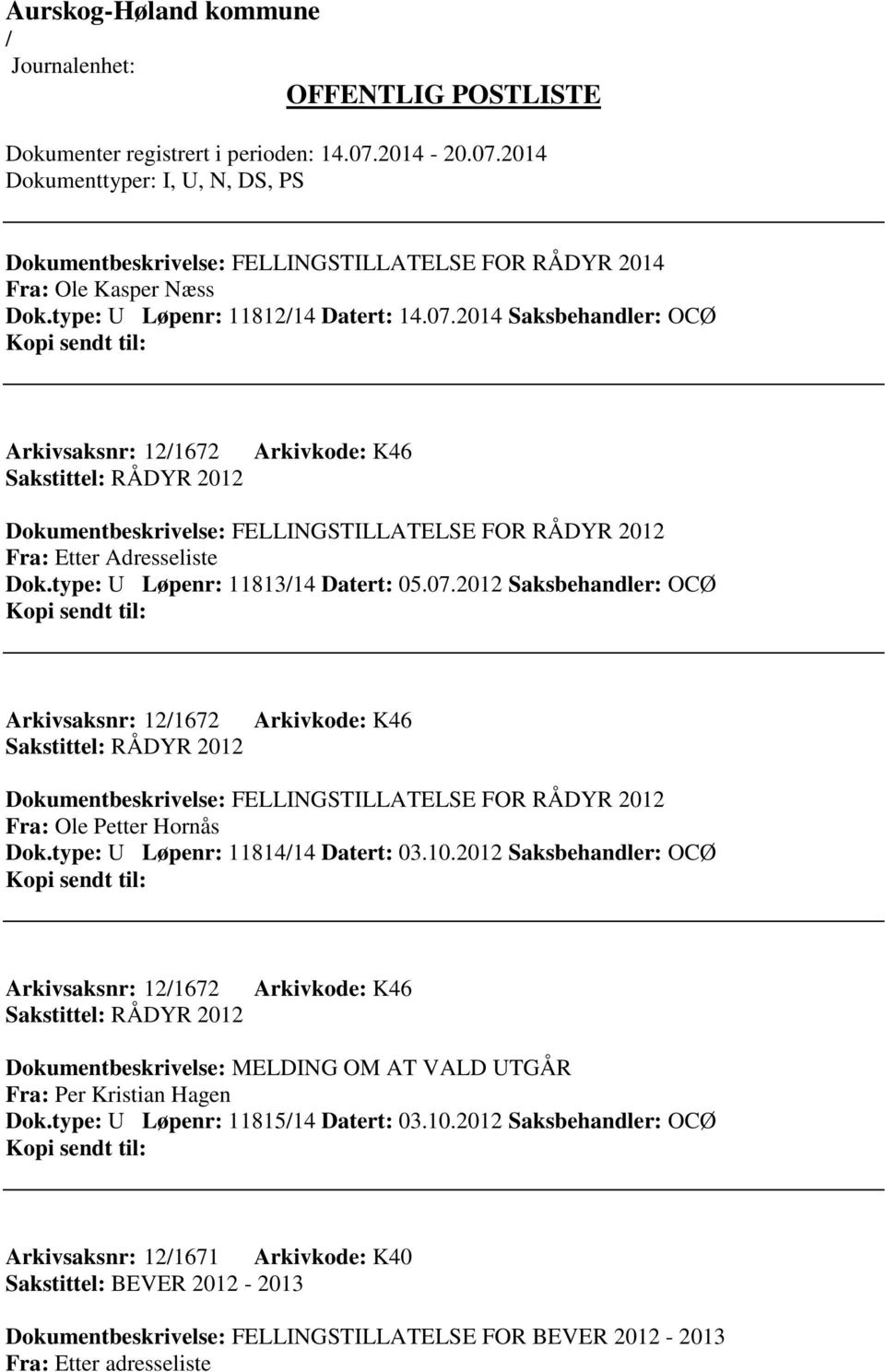 07.2012 Saksbehandler: OCØ Arkivsaksnr: 121672 Sakstittel: RÅDYR 2012 Arkivkode: K46 Dokumentbeskrivelse: FELLINGSTILLATELSE FOR RÅDYR 2012 Fra: Ole Petter Hornås Dok.