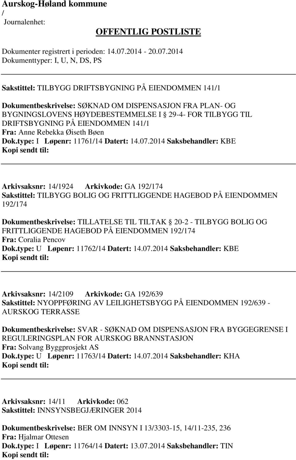 2014 Saksbehandler: KBE Arkivsaksnr: 141924 Arkivkode: GA 192174 Sakstittel: TILBYGG BOLIG OG FRITTLIGGENDE HAGEBOD PÅ EIENDOMMEN 192174 Dokumentbeskrivelse: TILLATELSE TIL TILTAK 20-2 - TILBYGG