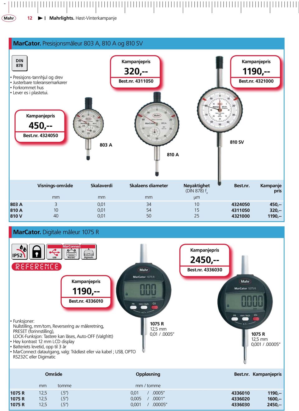 320,-- 810 V 40 0,01 50 25 4321000 1190,-- MarCator. Digitale måleur 1075 R IP52 Digimatic 2450,-- Best.nr.