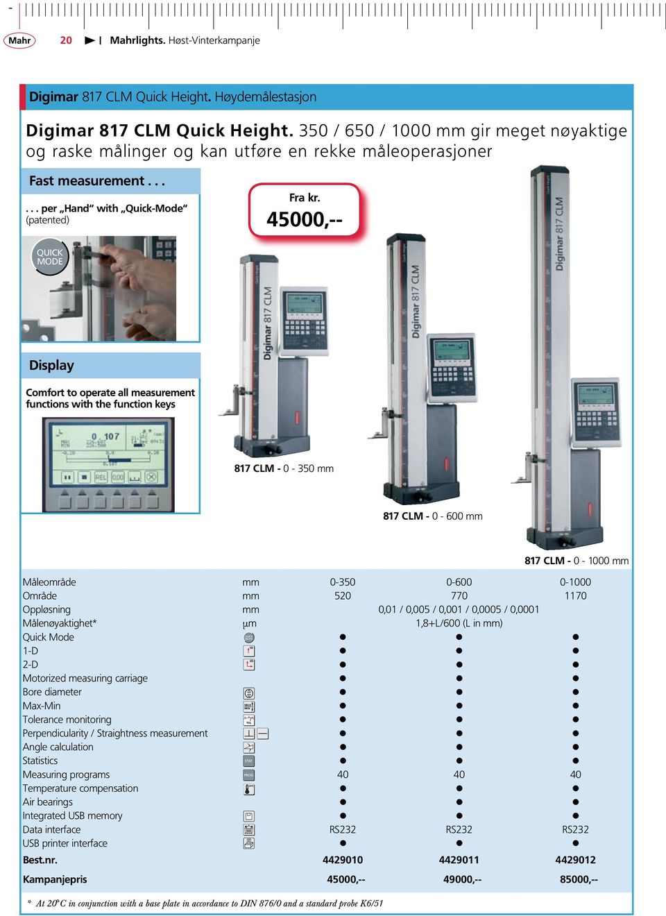 45000,-- QUICK MODE Display Comfort to operate all measurement functions with the function keys 817 CLM - 0-350 mm 817 CLM - 0-600 mm 817 CLM - 0-1000 mm Måleområde mm 0-350 0-600 0-1000 Område mm