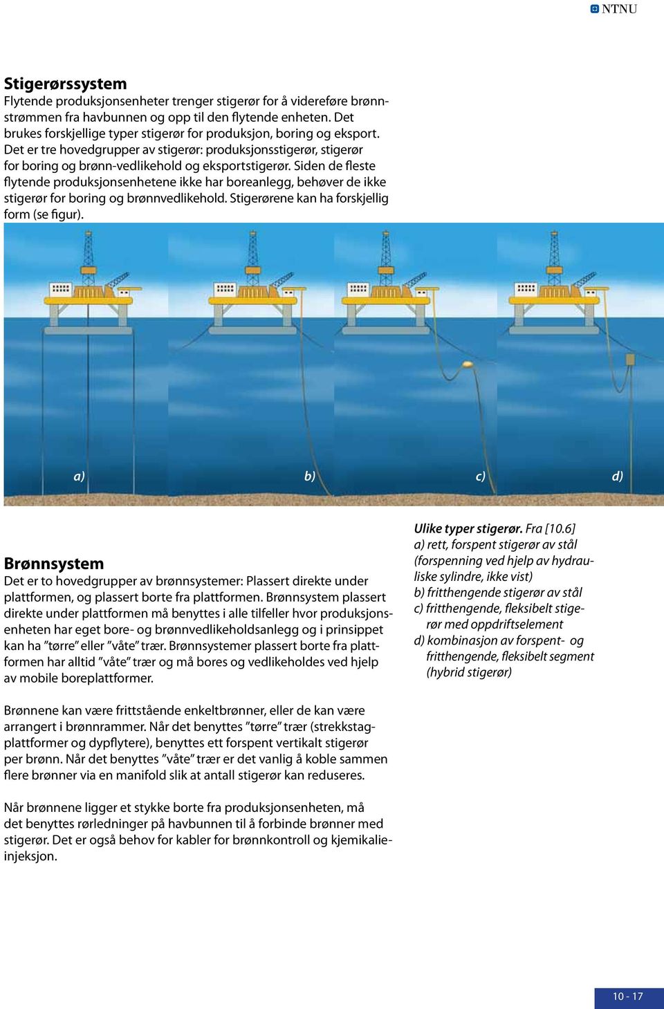 Siden de fleste flytende produksjonsenhetene ikke har boreanlegg, behøver de ikke stigerør for boring og brønnvedlikehold. Stigerørene kan ha forskjellig form (se figur).