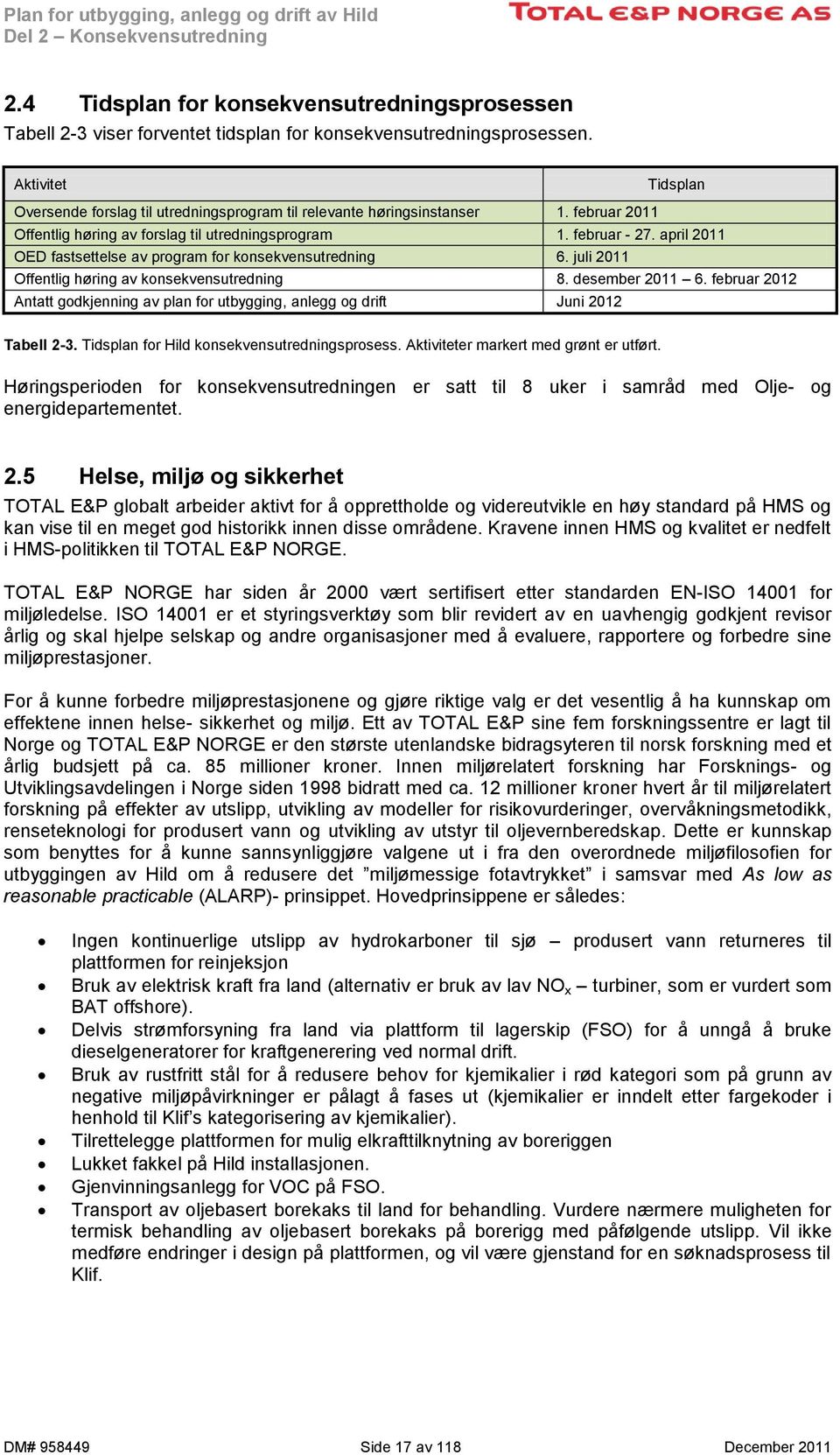 april 2011 OED fastsettelse av program for konsekvensutredning 6. juli 2011 Offentlig høring av konsekvensutredning 8. desember 2011 6.