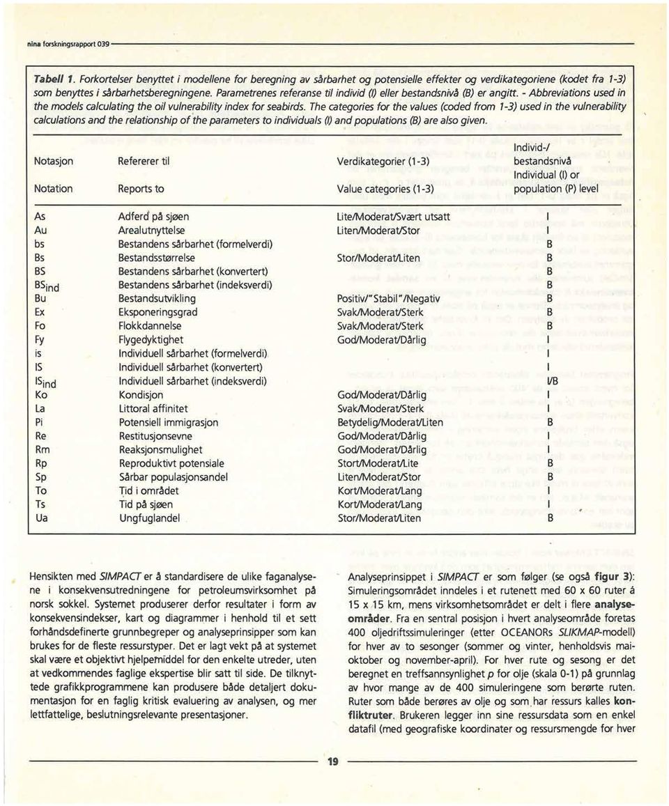 thecategoriesfor the values(codedfrom 1-3) usedin the vulnerability calculationsand the relationshipof the parametersto individuals(1)andpopulations(8) arealsogiven.