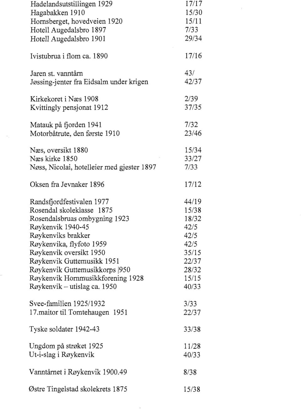 hotelleier med gjester 1897 Oksen fra Jevnaker 1896 Randsfjordfestivalen 1977 Rosendal skoleklasse 1875 Rosendalsbruas ombygning 1923 Røykenvik 1940-45 Røykenviks brakker Røykenvika, flyfoto 1959